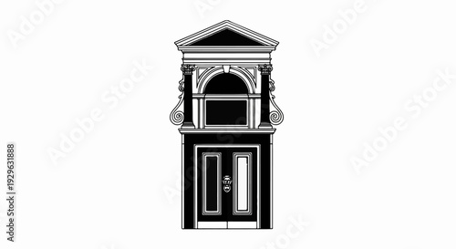 Ornate black and white architectural facade with classical columns and a prominent arched window