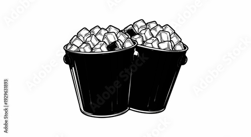 Two black buckets brimming with ice cubes on a white background