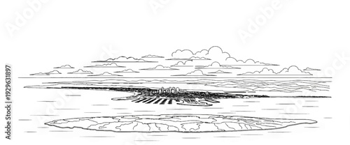 Stylized panoramic sketch of a city skyline on a peninsula with clouds and distant hills