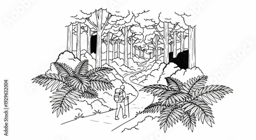 A hiker navigates a winding path through a lush, dense forest with large ferns
