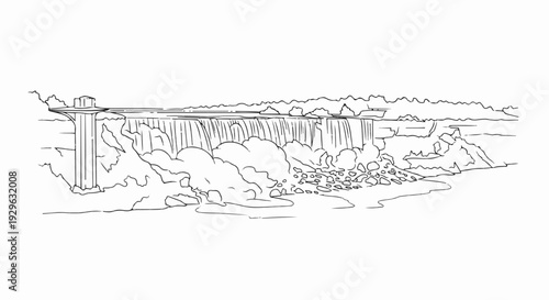 A majestic waterfall cascades over rocks into a pool, with a tower on the left