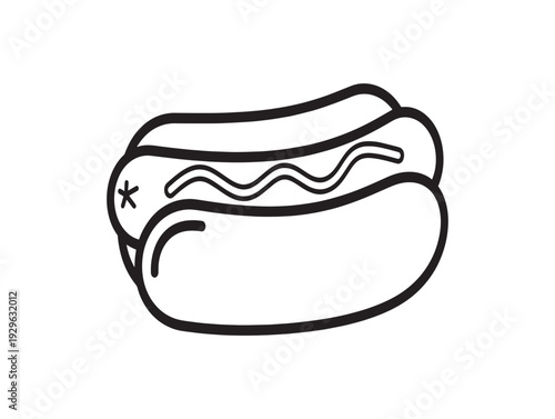 A simple line drawing of a hot dog with a bun and condiments