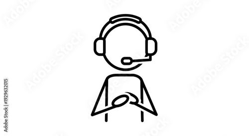 Stick Figure Call Center Agent Wearing Headset and Typing, Isolated White Background.