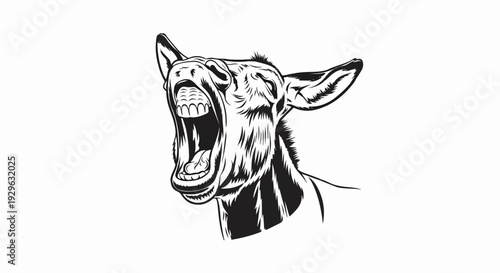 Black and white illustration of a donkey with its mouth wide open, braying loudly