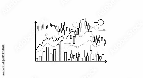 Abstract financial charts with candlestick bars, line graphs, and circles