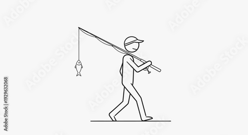 Happy stick figure fisherman carrying a fishing rod and a freshly caught fish, in a bright studio.