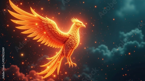 Majestic Phoenix Bird Soaring Through Cosmic Nebula