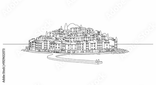 A detailed line drawing depicts a densely packed coastal town rising from the sea