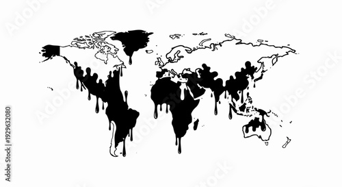 A world map illustration depicts continents melting and dripping black liquid