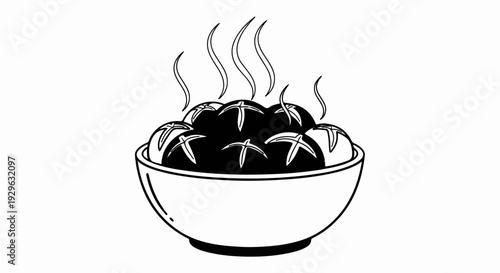 A black and white illustration of a bowl filled with steaming bread rolls