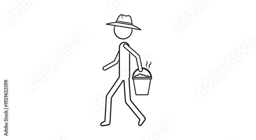 Stick figure wearing a hat and carrying a bucket while walking, in a bright studio.