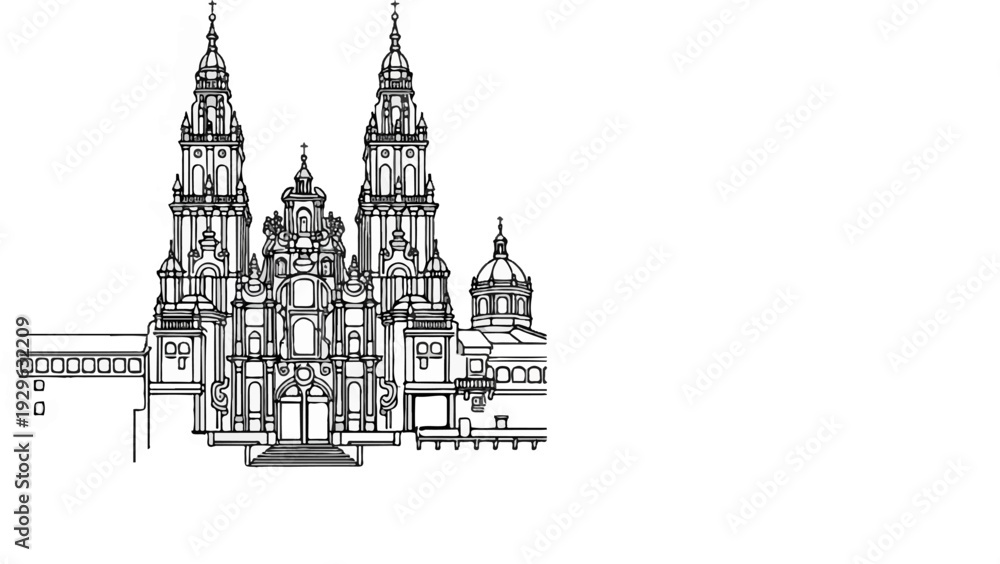 Fototapeta premium Ornate sketch of a large, multi-towered cathedral with domes and intricate facade details