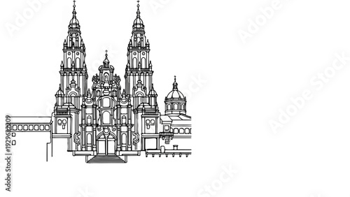 Ornate sketch of a large, multi-towered cathedral with domes and intricate facade details