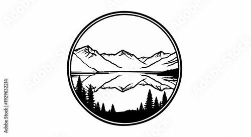 Circular emblem depicting serene mountains reflected in still water with pine trees below