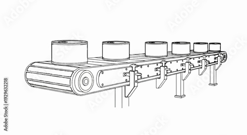 Industrial conveyor belt with rows of cylindrical containers moving along