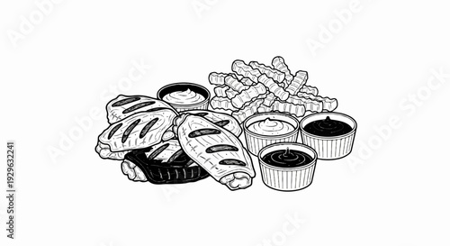 A black and white illustration of grilled chicken wings with crinkle-cut fries and dipping sauces