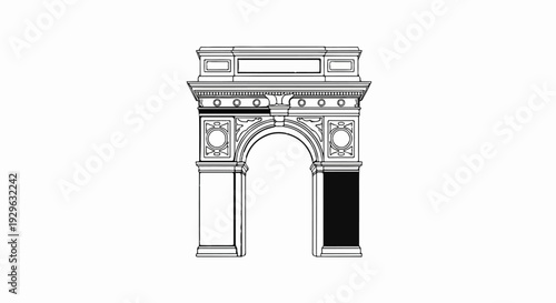 Ornate classical archway, rendered in black and white, with detailed carvings and solid columns