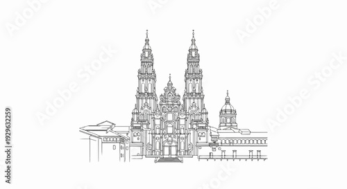 Ornate cathedral with twin spires and dome, rendered in a classic ink sketch style