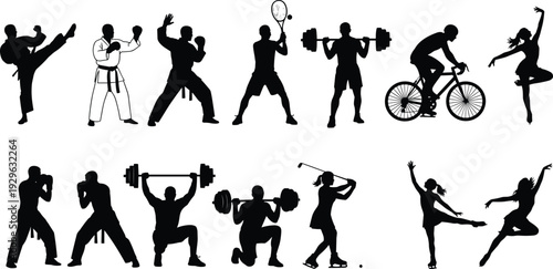 Sport activity silhouettes collection, athletes training and performing fitness, martial arts, cycling, dance vector illustration set