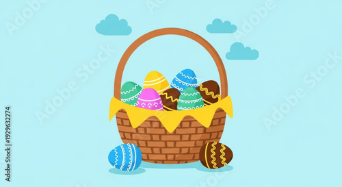 Colorful easter eggs in a brown wicker basket with yellow lining