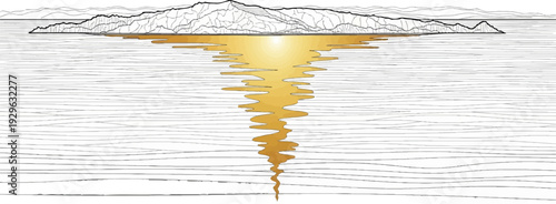 Stylized depiction of a mountainous coastline with a sunlit reflection on rippling water