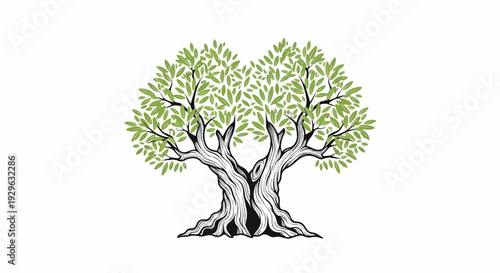 Artistic illustration of a stylized ancient tree with green leaves and textured trunk