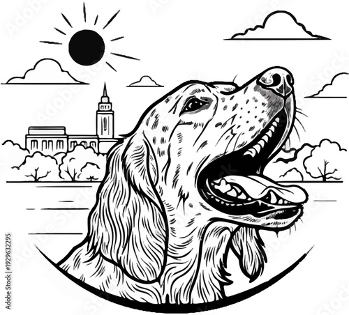 Happy dog panting under the sun with a building and trees in the background