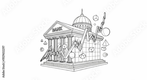 Stylized bank building with financial chart, geometric shapes, and abstract elements