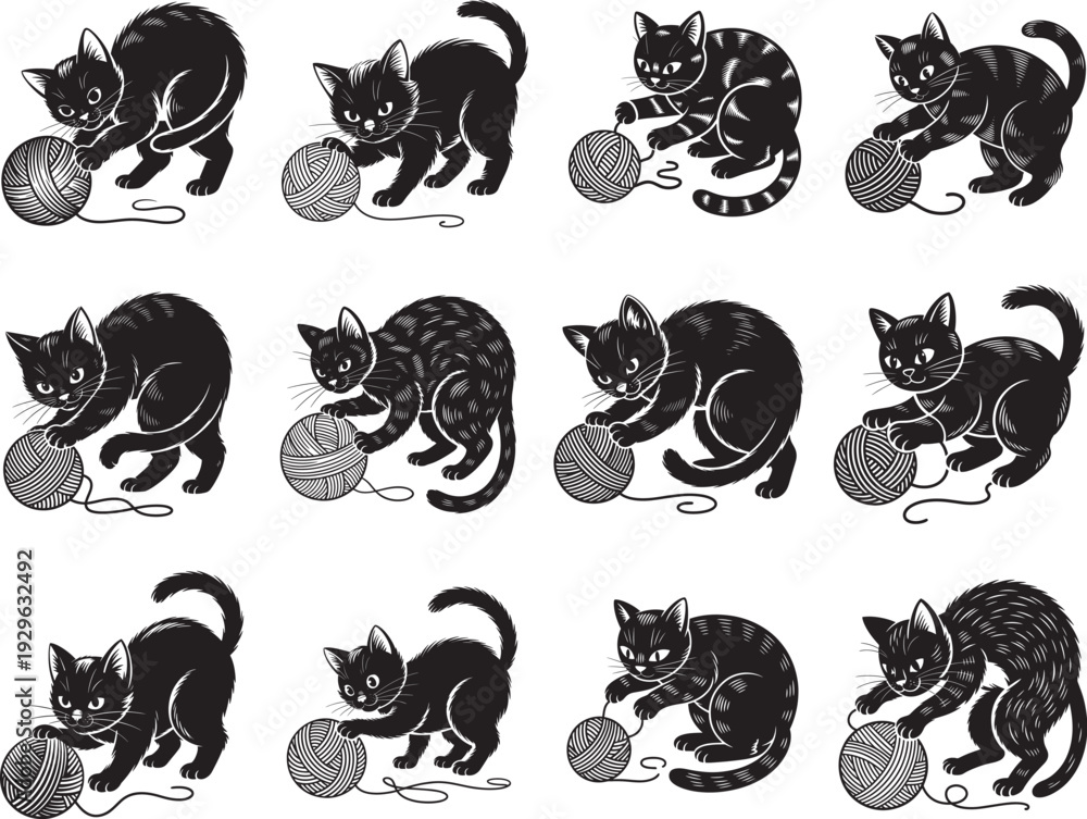 Obraz premium Black Cat Playing with a Ball of Yarn Si
