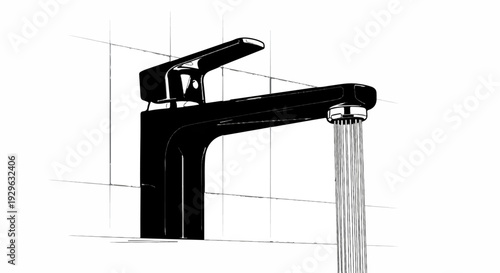 Modern black faucet pouring water against a tiled background