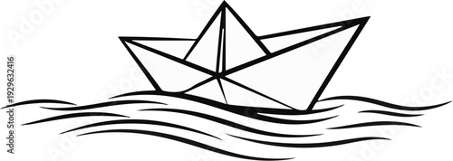 A simple black and white drawing of a paper boat floating on wavy water