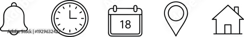 Essential Interface Icon Set Bell Clock Calendar Location Pin and Home Outline Vector Collection