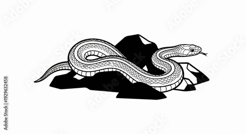 A black and white illustration of a coiled snake resting on jagged rocks