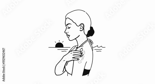 A woman applies lotion to her shoulder by the ocean at sunset