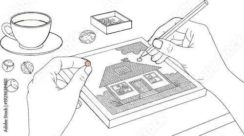 Hands design a house with tiny dots while holding a small orb, near nuts and coffee