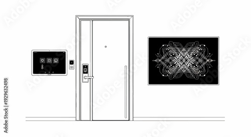 Smart door interface with digital lock, climate controls, and abstract art