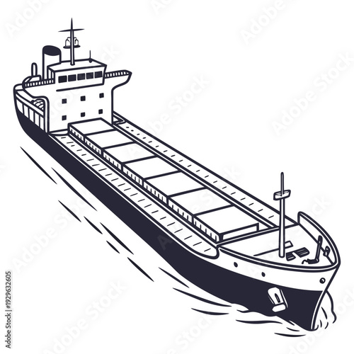 Black and white cargo ship with containers on deck