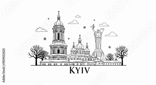 Monochrome outline of Kyiv skyline with statues, churches, bare trees, and snow