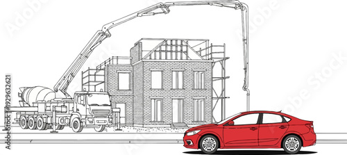 Construction site with concrete pump, truck, brick house, and red car