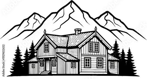 A rustic wooden house with a peaked roof sits before jagged mountains and evergreen trees