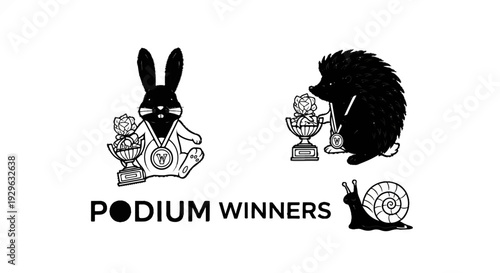 Cartoon bunny, hedgehog, and snail celebrate victory with trophies and medals