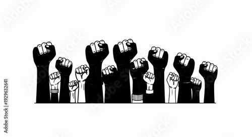 Multiple fists raised in unity, some solid black, others outlined