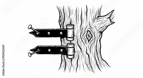 A black and white illustration of a tree trunk with two hinges attached