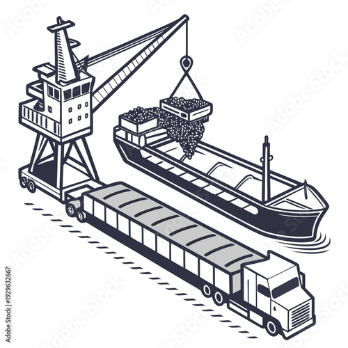 Cargo ship unloading grain into truck with crane