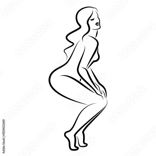 Silhouette of a cute lady, she is sitting. The girl has a beautiful naked figure. The woman is a young sexy and slim model. Vector illustration