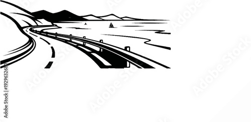A black and white graphic of a winding road leading toward distant mountains and a sailboat