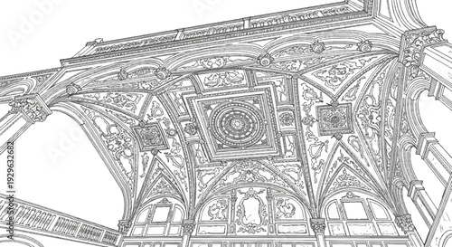 Ornate vaulted ceiling with intricate plasterwork and recessed panels