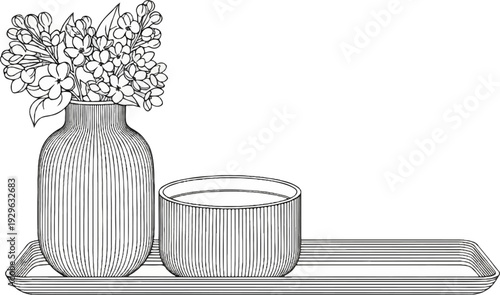 A still life drawing of a vase of flowers beside a cup on a tray