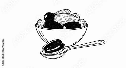 A bowl of black and white dates, with one half-cut date on a spoon