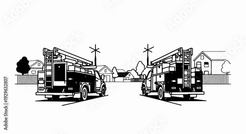 Two utility trucks parked facing each other on a suburban street